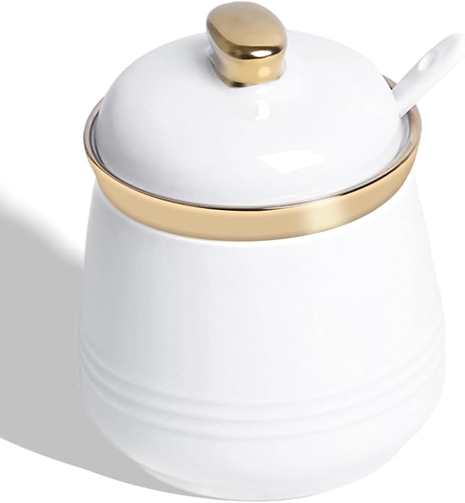 HAOTOP 12oz Sugar Bowl with Lid and Spoon,Simple Ceramic Sugar Jar Sugar Container Sugar Dispenser Coffee Bar Accessories, Modern Kitchen Countertop Canisters, White