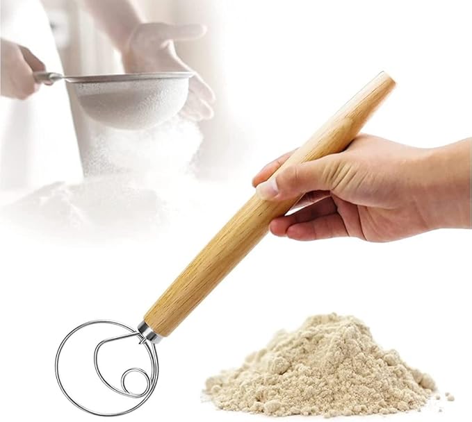 Danish Dough Whisk 13" Stainless Steel Bread Whisk Bread Making Tools Danish Dough Hook Bread Dough Mixer Hand Bread Dough Whisk for Pastry, Baking Cake, Dessert, Sourdough, Pizza, with Wooden Handle