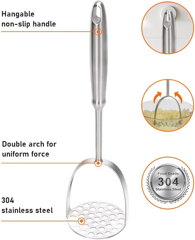 Brigii Potato Masher, Dual Arc for Easy, Labor-Saving Mashing, 304 Stainless Steel, Sturdy and Durable One-Piece Potato Press, Dishwasher Safe, for Potatoes and More