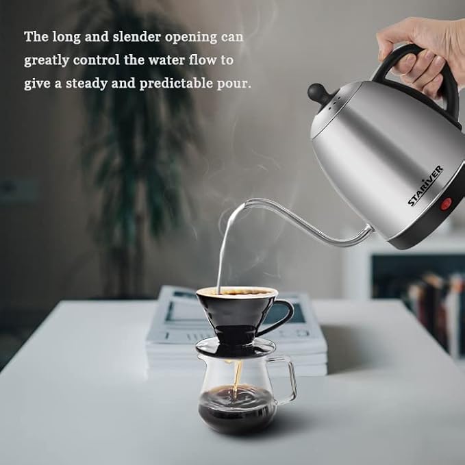 Stariver Electric Kettle Gooseneck Kettle, 1L Water Boiler, BPA-Free, Pour Over Tea Pot Stainless Steel for Coffee & Tea with Fast Heating, Auto-Shut Off and Boil-Dry Protection Tech
