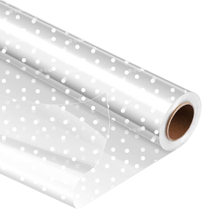JOYIT 100' Long X 35” Wide Clear Cellophane Wrap Roll with White Dots - 3 Mil Thicker Cellophane Roll, Clear Wrapping Paper for Gift Baskets Wrap (35" Folds into 17.5")