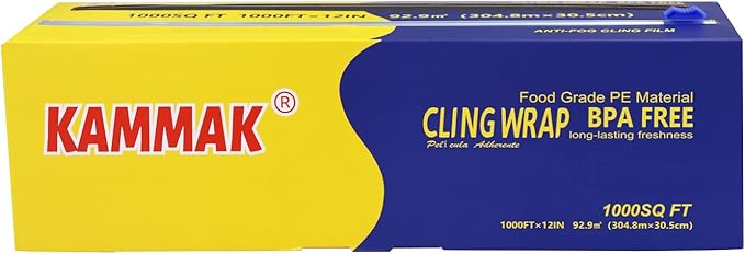 KAMMAK Plastic Wrap with Slide Cutter - 12 Inch Food Service Cling Film Roll - Clear Refillable Stretch Film - 1000 SQ FT Wrap - Bulk Quick Cut for Restaurant, Kitchen