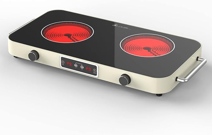 2200W Electric Cooktop 2 Burners: 12 Inch Portable Hot Plate Electric Stove Top - 110V/120V Double Burner Countertop with Timer, Knob Control, 9 Heating Levels, for All Cookware