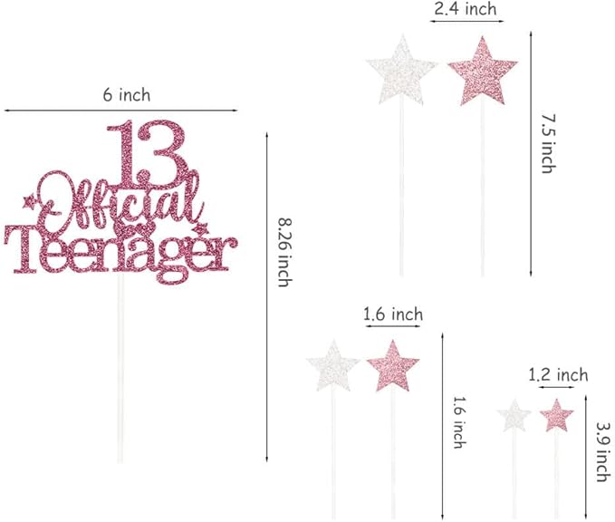 Glittery 13 Ofiicial Teenager Cake Topper with Star,13th Happy Birthday Cake Topper Party Decorations Party Supplies for Boys Girls Rose Gold