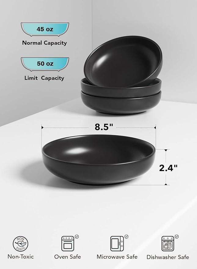 LE TAUCI Pasta Bowls 45 oz, Salad Bowls Set for Serving Soup, Pasta, Noodle, Dinner, Large Kitchen Bowl Plates, Microwave Safe - 8.5 Inch, Set of 4, Matte Black