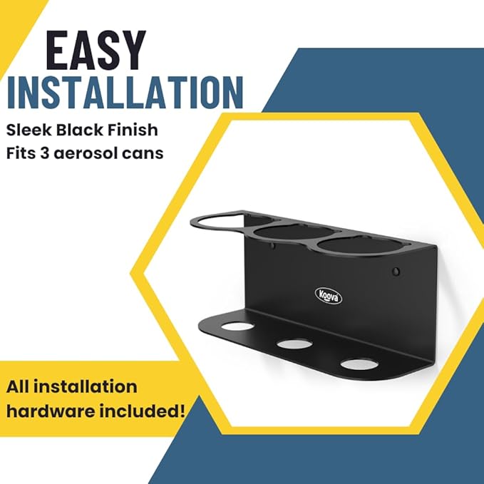 Koova 3 Aerosol Spray Can Holder | Easy Install Wall Mount | Heavy-Duty Powder Coated Steel Storage Rack for Garage & Home | Craft Workspace Paint Bottle Organizer | Hardware Included | USA Made