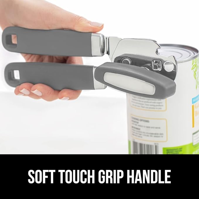 GORILLA GRIP Heavy Duty Stainless Steel Smooth Edge Manual Can Opener and Bottle Openers, Soft Comfortable Handle, Oversized Handheld Turn Knob, US Designed Multifunctional Kitchen Tool, Gray