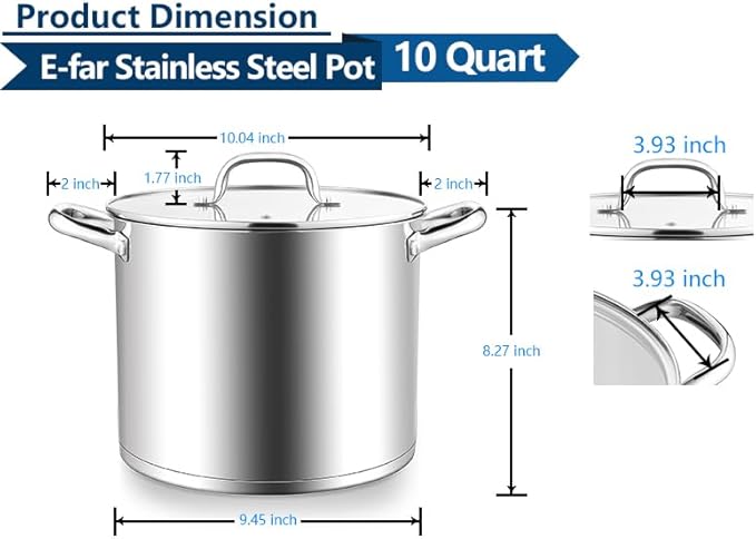 E-far 10 Quart Pot, Stainless Steel Stock Cooking Pot with Glass Lid for Soup Canning Stewing Simmering, Heavy Duty Large Cookware with Triply Base for Induction Gas Ceramic Stoves, Dishwasher Safe