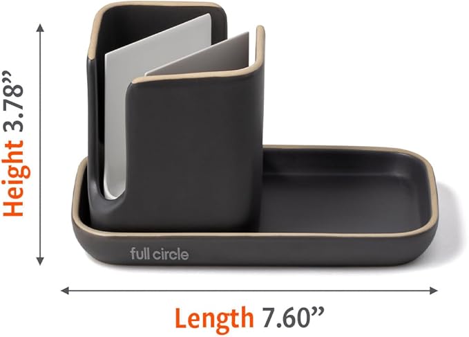 Full Circle Stash, Ceramic Kitchen Sink Caddy, Stylish Modular Sponge Holder & Dish Brush Organizer, Gray and White, 11"