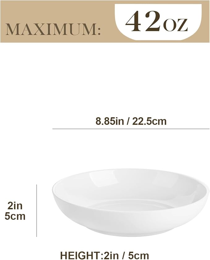 MALACASA 8.85" Large Pasta Bowls, 42 OZ White Salad Bowls Soup Bowls, Porcelain Serving Bowls Set of 4, Large Kitchen Bowl Plates Pasta Plates, Microwave & Dishwasher Safe, Series REGULAR