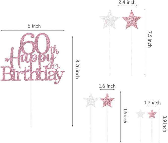 Glittery 60th Happy Birthday Cake Topper with Star,Personalised 60 Birthday Cake Toppers Party Decorations Party Supplies for Men Women Rose Gold