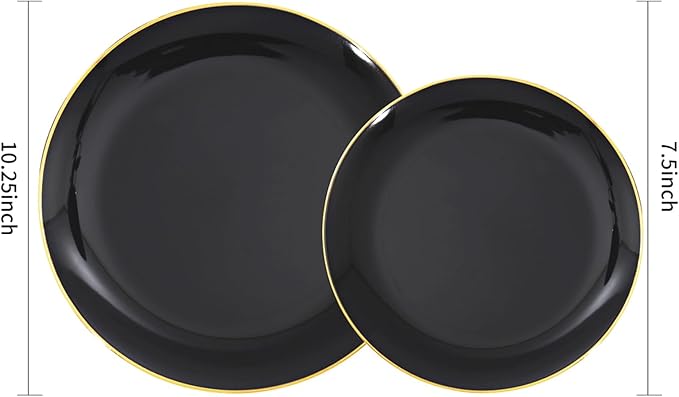 KIRE 100PCS Black and Gold Plates - Black Plastic Plates Disposable with Gold Rim for Party/Wedding/Graduation Include 50Pcs 10.25inch for Dinner and 50Pcs 7.5inch for Dessert/Salad