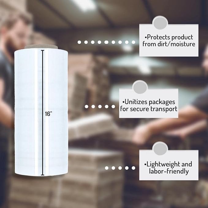 PSBM Stretch Wrap, 4 Pack, 16 Inch x 1500 Feet, 47 Gauge, Clear Plastic Cling, Cast Hand Stretch Film Rolls for Packaging Moving Packing Pallets