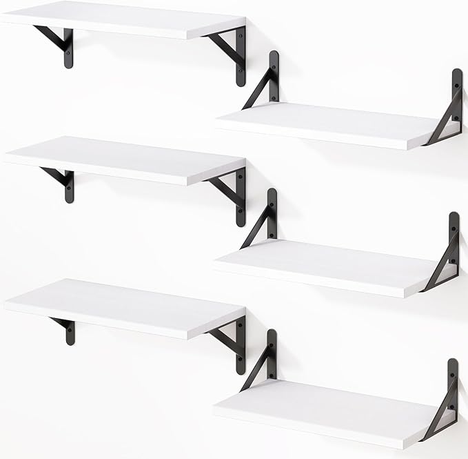 YGEOMER 16.5 Inch Floating Shelves for Wall, Farmhouse Wall Shelves for Bedroom, Bathroom Storage, Living Room and Kitchen Decor (Set of 6 White)