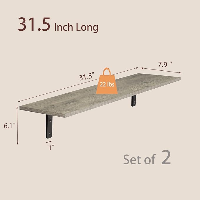 DINZI LVJ Long Wall Shelves, 31.5 Inch Wall Mounted Shelves Set of 2, Easy-to-Install, Wall Storage Ledges with Sturdy Metal Brackets for Living Room, Bathroom, Bedroom, Kitchen, Gray Wash