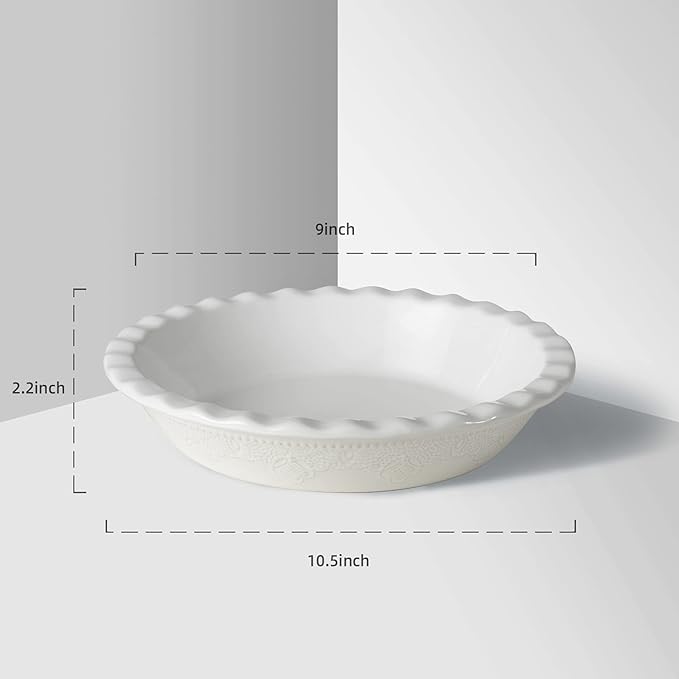 Fun Elements Pie Pan, 9 Inch Ceramic Pie Dish, Deep Dish Pie Pan with Lace Emboss, Ruffled Pie Plate for Baking, Thanksgiving Christmas Gifts(Bright White)