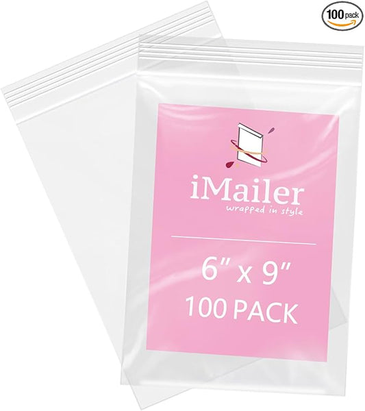 iMailer - 100 Pcs- 6" x 9" Plastic Zip Poly Bags- Clear Resealable Zip Bag for A7 A8 A9 Cards & Envelopes, Bakery, Cookies, Candies