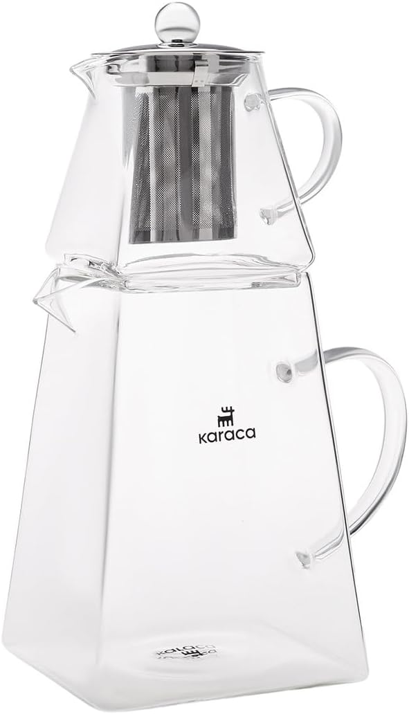 Karaca Giza Borosilicate Glass Teapot with Infuser and Lid for Stovetop, Transparent, 0.45.L Tea Pot & 1.5L Tea Kettle Set for Loose Leaf & Herbal, Dishwasher Safe