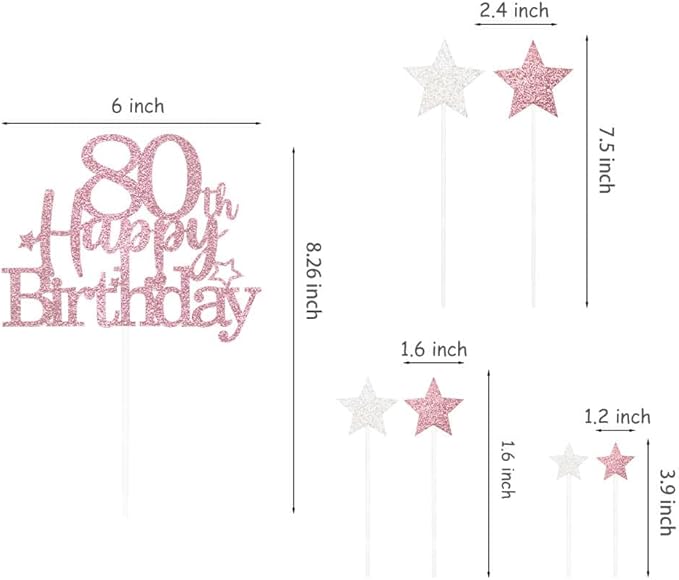Glittery 80th Happy Birthday Cake Topper with Star,Personalised 80 Birthday Cake Toppers Party Decorations Party Supplies for Men Women Rose Gold