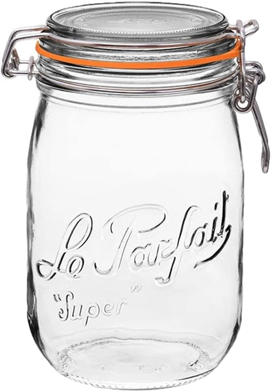 Le Parfait Super Jar, Canning Jar, 1L French Glass Canning Jar w/Round Body, Glass Jar With Airtight Lid, Canning Jar Wide Mouth, Glass Jar With Lid, Clear Jars, Clear Glass Jars (32oz/Quart, 1 pk)