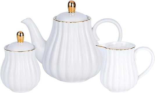 Jusalpha Fine China Pink Teapot and Creamer Sugar Bowl Set, TW (White)