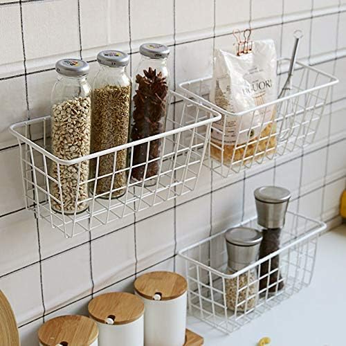 2 Set LeleCAT Hanging Wall Basket Organizer Over the Cabinet Door Adhesive Wire Baskets for Organizing Kitchen Food Pantry Bathroom Shelf Storage No Drilling Wall Mounted,White