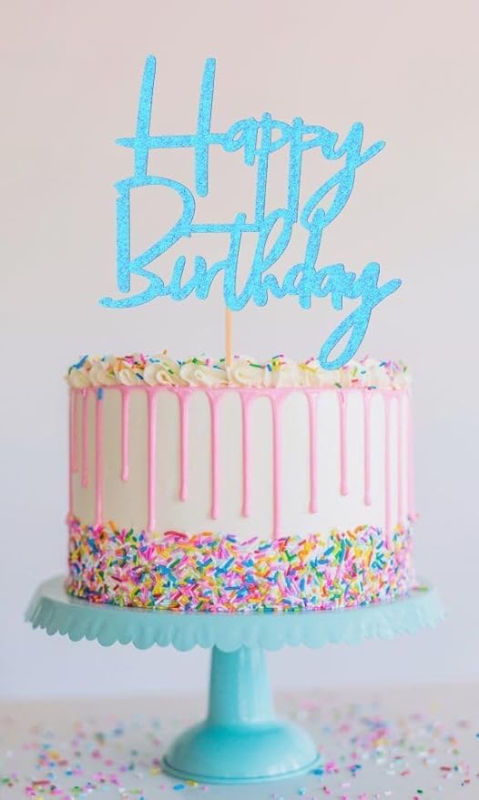 Happy Birthday Cake Topper - Glitter Light Blue Birthday Cake Top Decorations (Light Blue)