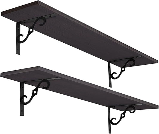 DINZI LVJ Long Wall Shelves, 31.5 Inch Large Floating Shelves Set of 2, Wide Display Shelf Wall Mounted with Brackets, Easy Hanging for Living Room, Toilet, Office, Bedroom, Espresso