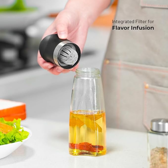 Premium Glass Olive Oil and Vinegar Dispenser Bottles Set, 2-Piece Kitchen Cooking Cruet with Auto-Open Lid, Non-Drip Pouring Spout, Oil Infuser Filter, Dishwasher Safe (Black 11oz)