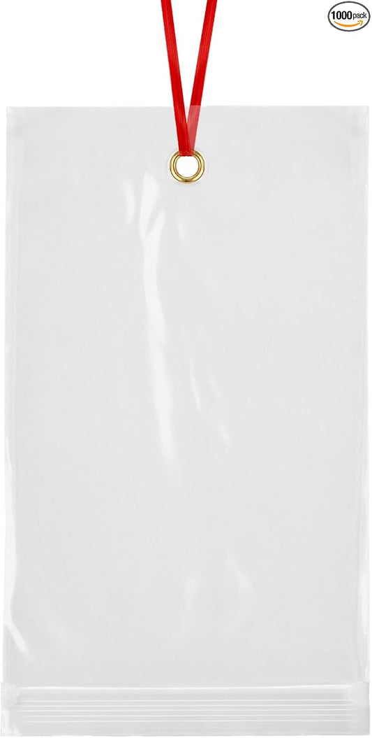 GPI - 5" x 7" Reclosable Zip Bags with Bottom Hang-hole & Pre-inserted 12" Twist-tie. 4 Mil Heavy-duty Resealable Zipper Baggy with Grommet/Metal Eyelet for Hanging (Insert Size 4.5x5.5) 1000 Pack
