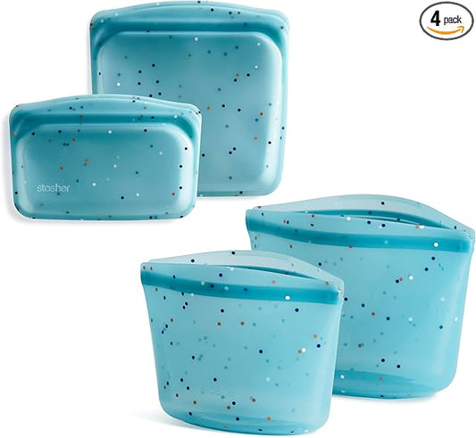 Stasher Premium Silicone Reusable Food Storage Bags, 4-Pack, Sea Spray, Multi-Use Food Storage Bags, Lunch Bag, Travel Containers, BPA Free, Leak-free, Dishwasher-Safe, Eco-friendly