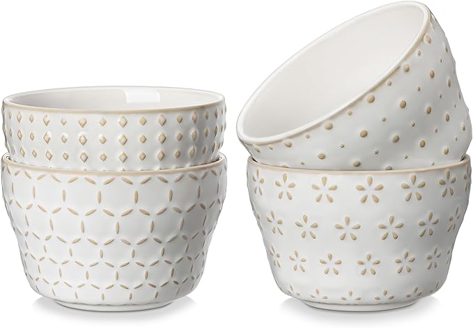 MALACASA Small Dessert Bowls 8 oz, Ice Cream Bowls, Dipping Sauce bowls,Ceramic Bouillon Soup Cups or Certain Side Dishes, Microwave & Dishwasher Safe, Set of 4, Arctic White, Series LYDIA