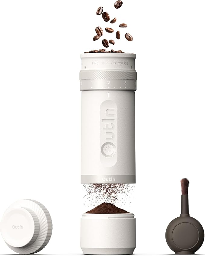OutIn Fino Portable Electric Coffee Grinder,Adjustable Coffee Bean Grinder with 28 Precise Grind Setting,One-Button Burr Coffee Grinder with Fast‑Charge Battery, Auto‑Stop & Clog‑Protection
