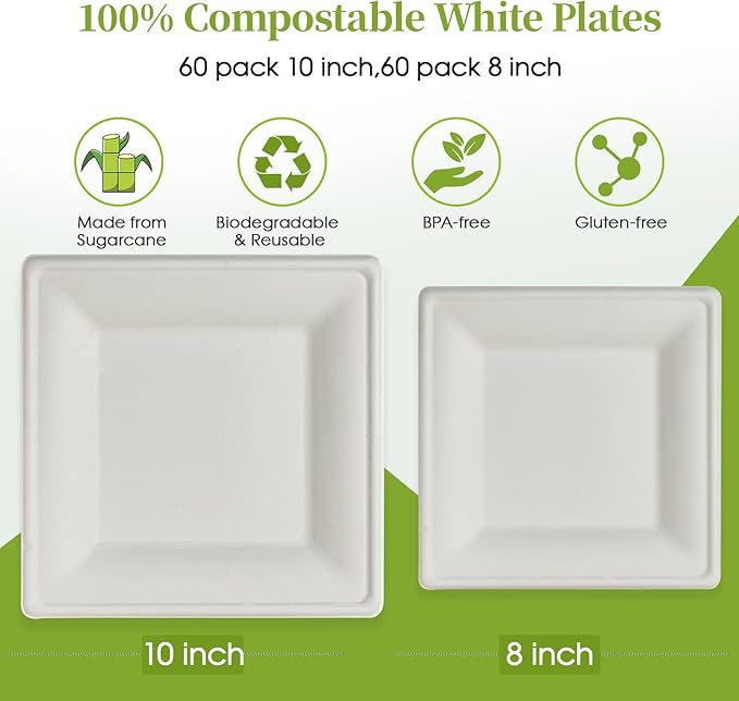 ECOLipak 120 Pack Compostable Paper Plates, 10 inch and 8 inch Heavy Duty Eco friendly Sugarcane Biodegradable Disposable Square Plates for Party Dinner Birthday