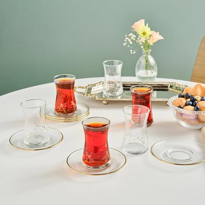 KARACA Yusufcuk Glass Elegant Tea Glass Set of 6 - (12 Piece) Clear Turkish Tea Cup Glasses and Saucers, 5.74 oz Curved Design Drinkware Cups
