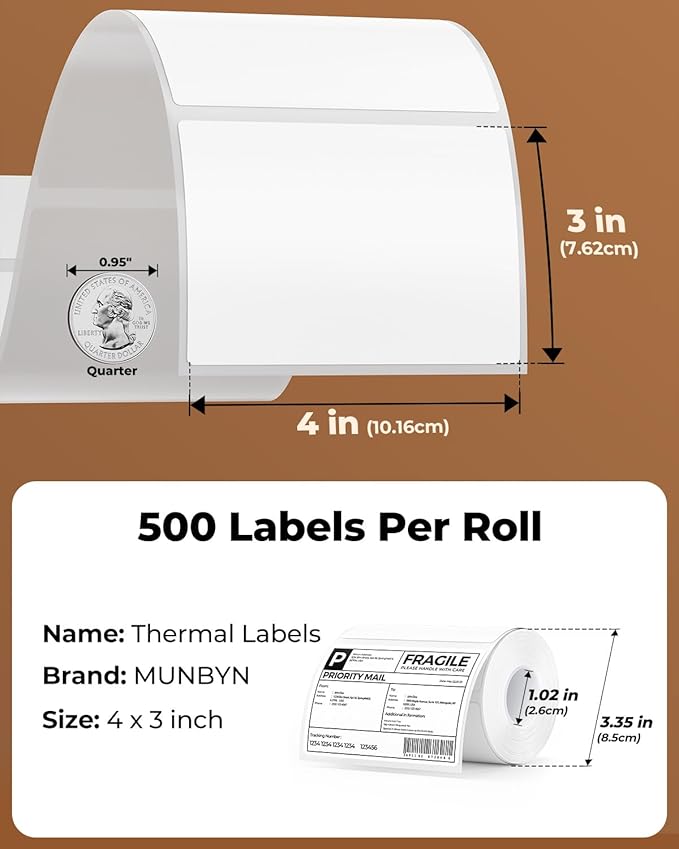 MUNBYN 4” X 3” Direct Thermal Labels, White Thermal Printer Stickers, Strong Adhesive, Labels Paper for Mailing, Barcode, 500 Sheets/1 Roll