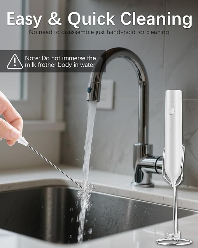 Rechargeable Milk Frother with Stand, Electric Frother Wand Handheld Coffee Foam Maker Detachable Stainless Steel Whisk Drink Mixer Foamer for Latte, Cappuccino, Hot Chocolate, Egg (White)