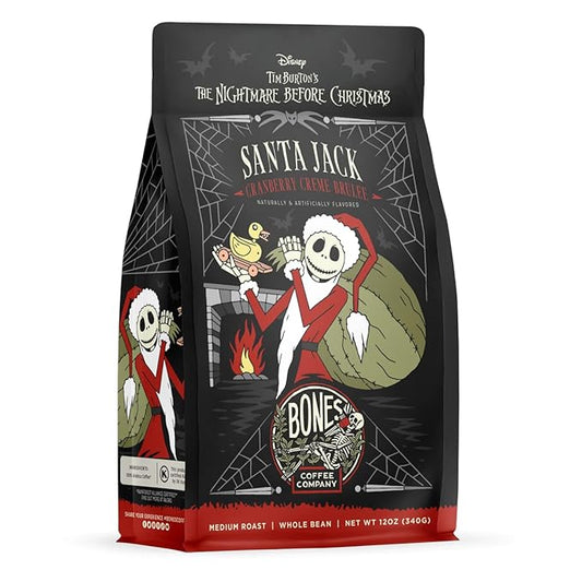 Bones Coffee Company The Nightmare Before Christmas Santa Jack Flavored Coffee Beans, Whole Bean Coffee Medium Roast Low Acid, Cranberry Creme Brulee Flavor (12 oz)