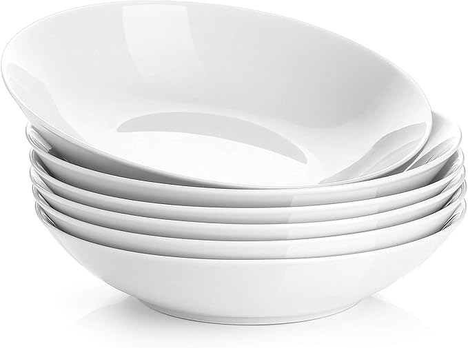 Y YHY 8" Pasta Bowls Set for 6, Porcelain 22oz Salad Bowls Set for Serving Soup, Pasta, Dinner, White Large Kitchen Bowl Plates, Microwave Dishwasher Safe