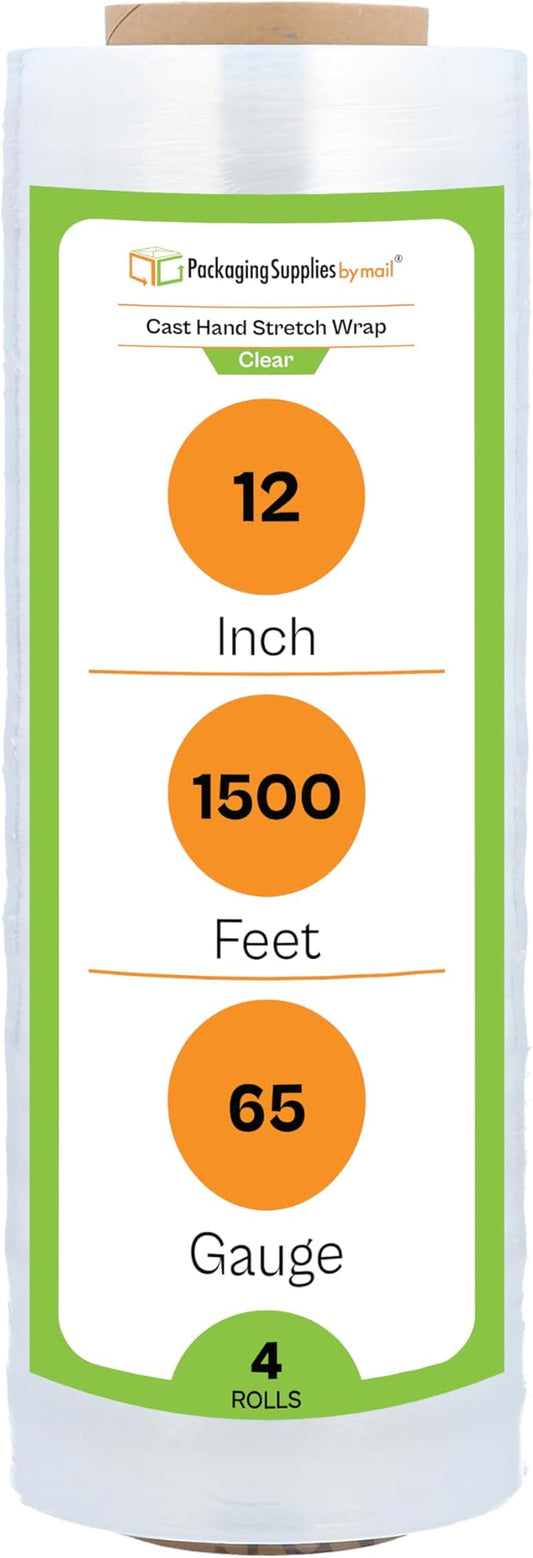 PSBM Stretch Wrap, 4 Pack, 12 Inch x 1500 Feet, 65 Gauge, Clear Plastic Cling, Cast Hand Stretch Film Rolls for Packaging Moving Packing Pallets
