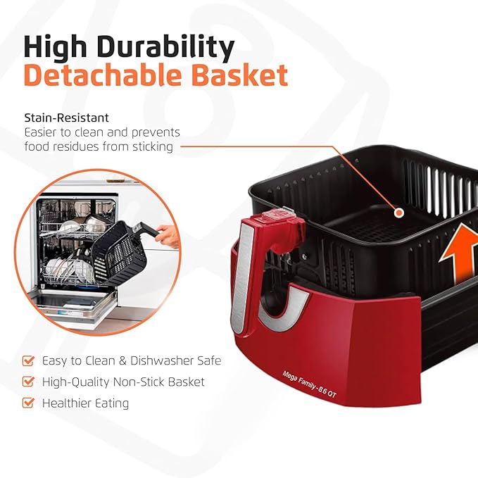 Air Fryer - 8.6 Quart Extra-Large Air Fryer, 2 Simple Dial Controls, 1800 Watts - Quick Heat Circulation Technology, Low Fat Cooking Less Calories - Removable Squared Basket - Red
