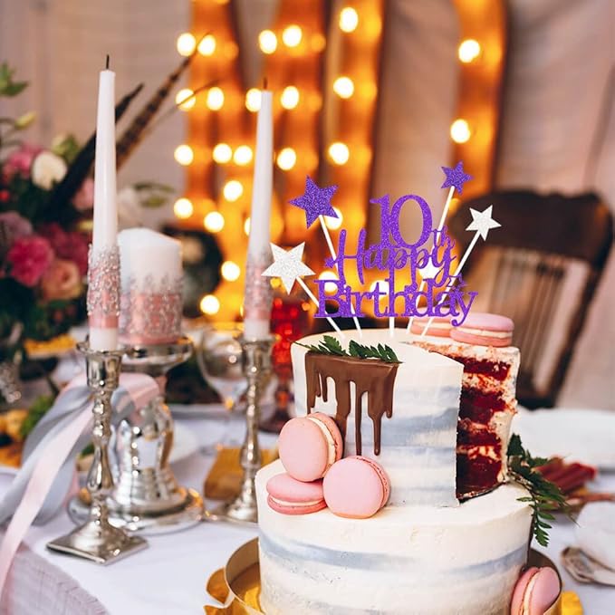 Glittery 10th Happy Birthday Cake Topper with Star,Personalised 10 Birthday Cake Toppers Party Decorations Party Supplies for Boys Girls Purple Silver