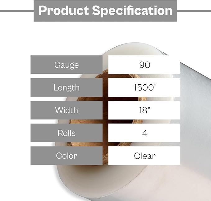 PSBM Stretch Wrap, 4 Pack, 18 Inch x 1500 Feet, 90 Gauge, Clear Plastic Cling, Cast Hand Stretch Film Rolls for Packaging Moving Packing Pallets