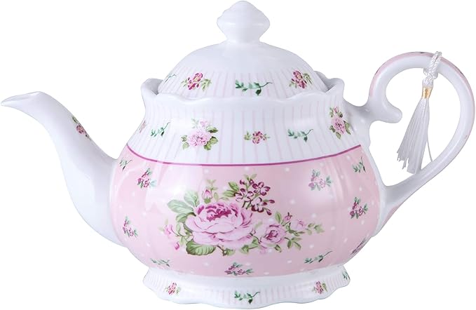 London Boutique Porcelain Teapot Sugar Bowl and Cream Milk Jug Shabby Chic Vintage Floral in Gift box 40oz (Teapot Rose Pink)