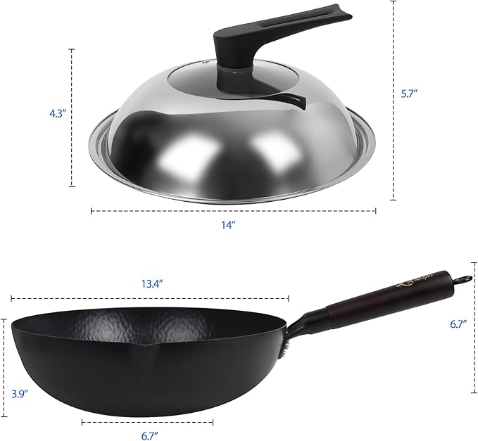 13.4 Inch Carbon Steel Wok For Electric, Induction and Gas Stoves (Lid, Spatula and User Guide Video Included)