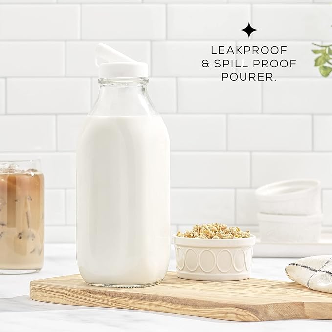 JoyJolt Glass Milk Bottles with Lids and Pourer – 32 Oz, 3 Pack Airtight Heavy Duty Reusable Glass Bottles, Leakproof, BPA-Free, Food Grade, Dishwasher Safe Jug, Pitcher for Milk, Juice, and Water