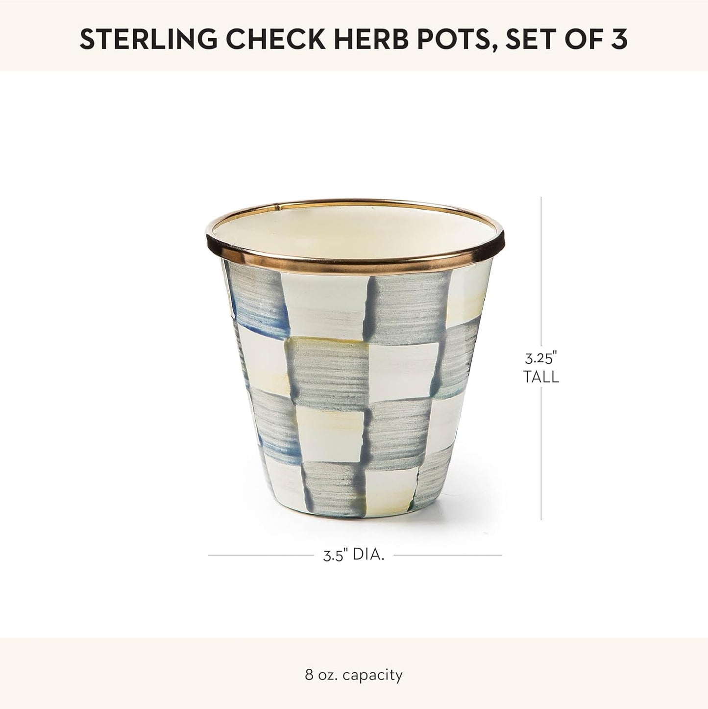 MACKENZIE-CHILDS Enamel Herb Pots, Small Plant Pots for Herbs or Flowers, Set of 3, Gray-and-White Sterling Check