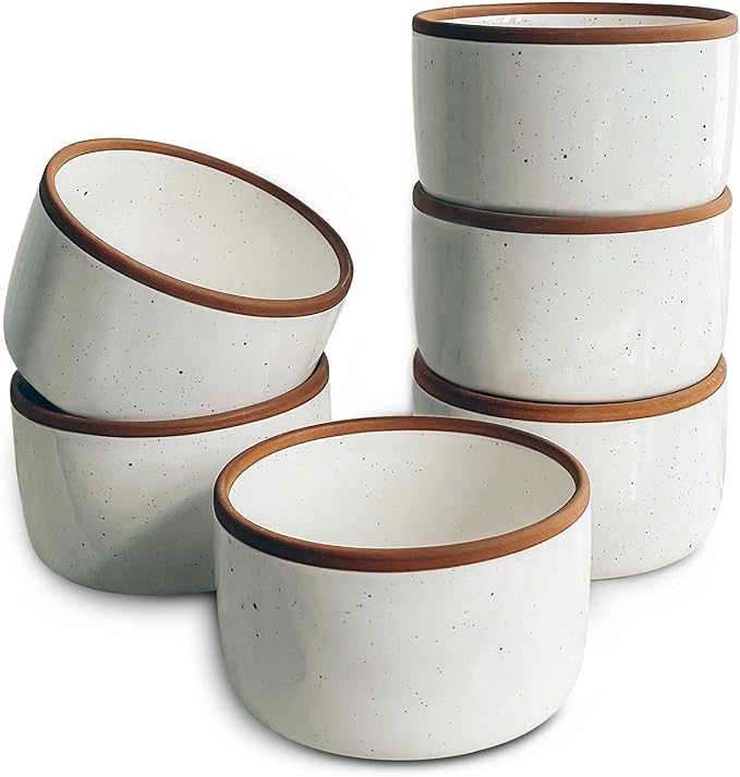 Mora Ceramic Ramekins - 6oz, Set of 6 - Small Oven Safe Baking Dishes/Cups - For Personal Pudding, Creme Brulee, Souffle, Serving Dip, Custard, Ice Cream - Single Mini Bowls - Vanilla White