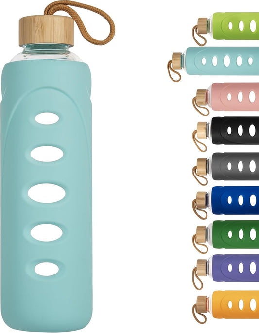 Sport 32oz Glass Water Bottle 1000ml /1 liter Borosilicate Glass Water Bottle Reusable Waterbottle Jugwith Silicone Sleeve and Unique Lid (Cyan