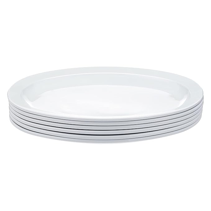 Amazon Basics Melamine (Plastic )Oval Platter Narrow Rim, 6 Piece Set, 13 in x 9.75 in, White (Previously AmazonCommercial brand)